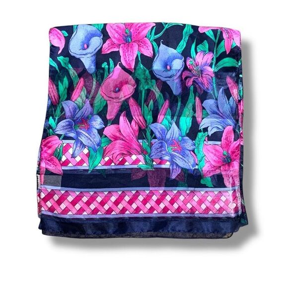 Berkshire Made in Italy Floral Scarf Sheer Bright Pink Purple Green Polyester - Picture 3 of 9